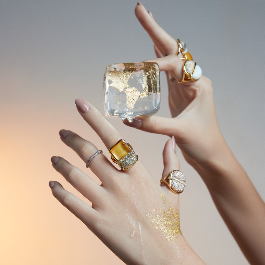 Amrita Small Square Duplet Ring in Yellow Mother of Pearl, Citrine, and Diamonds