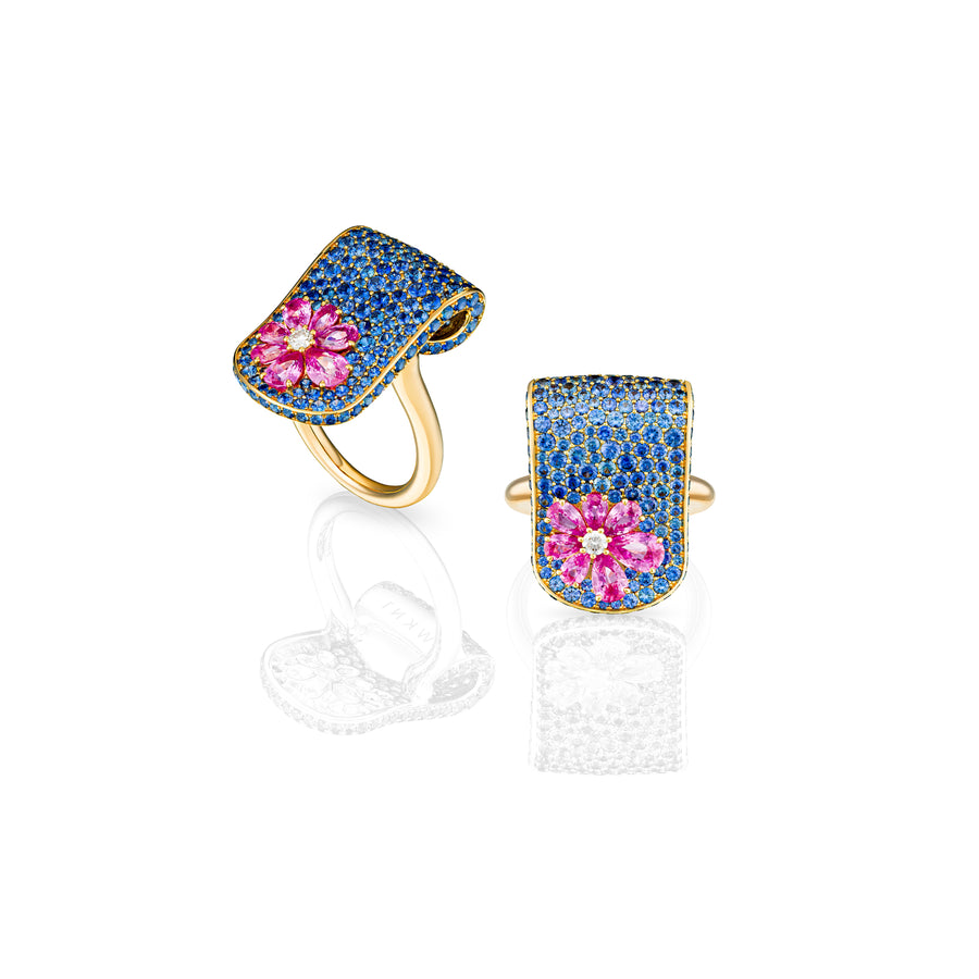Eden Blue Sapphire Ring with Pink Sapphire and Diamond Flower