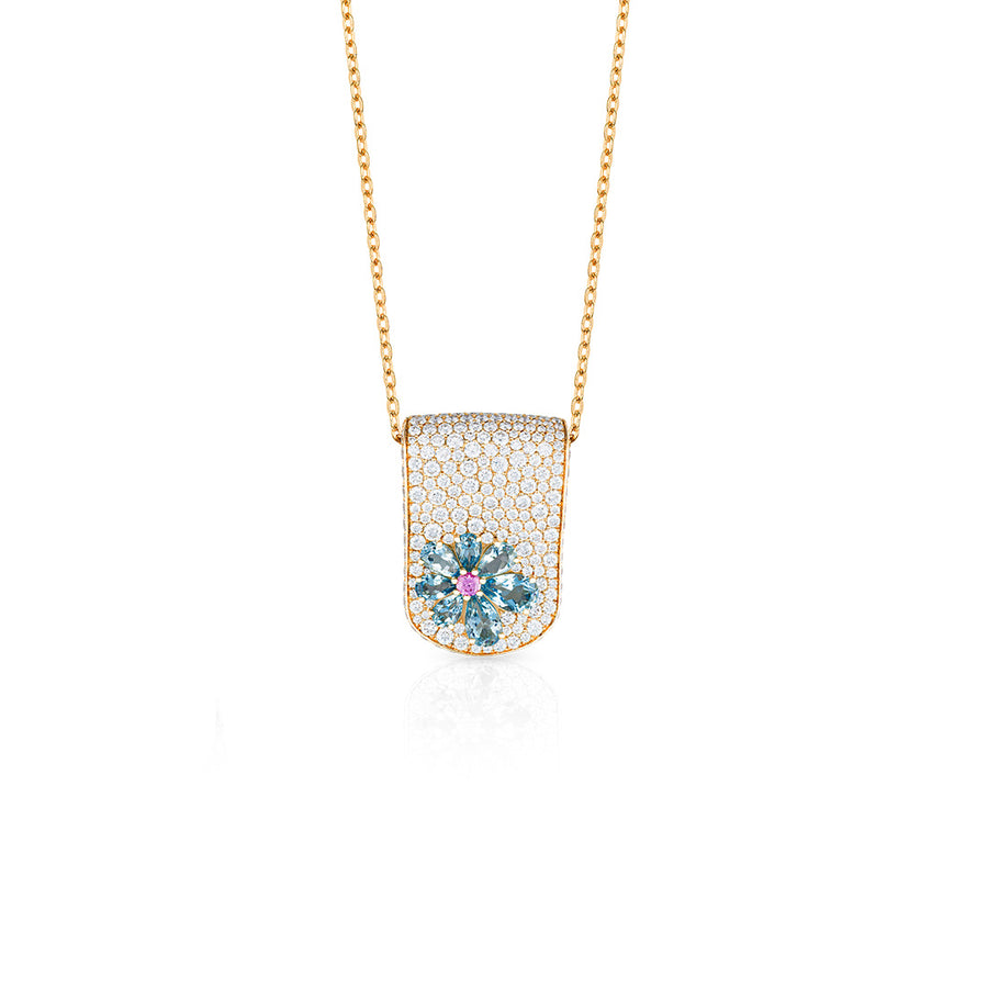Eden Diamond Necklace with Aquamarine and Pink Sapphire Flower