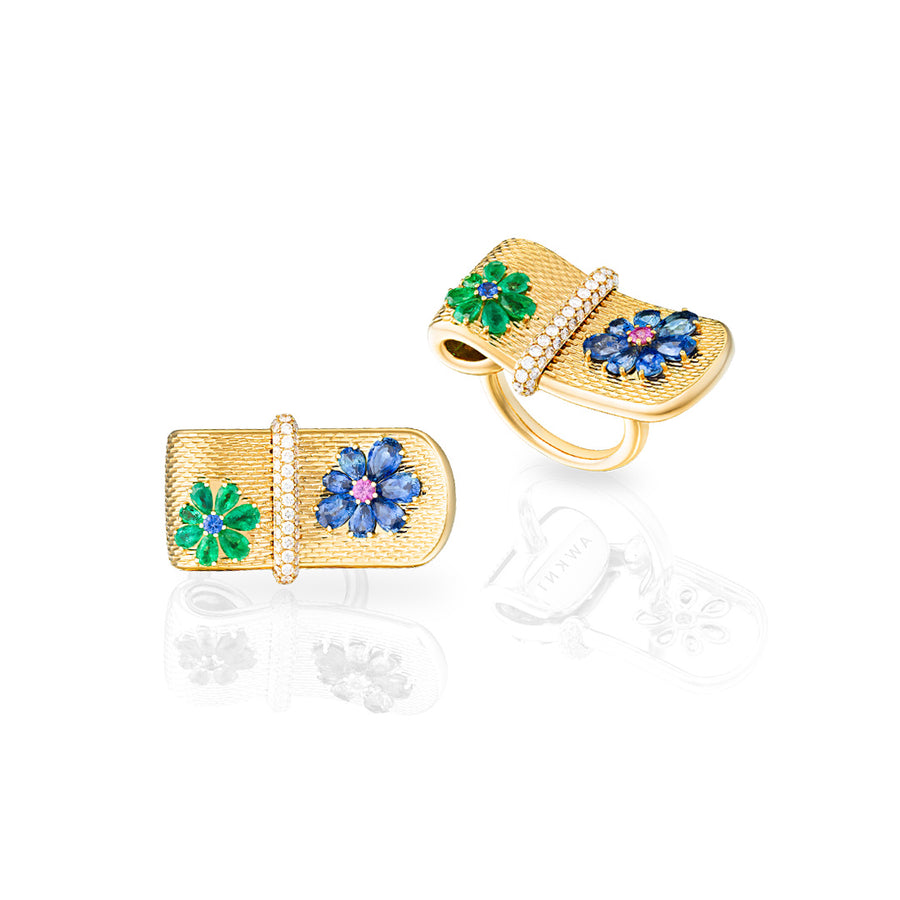 Eden Flinking Ring with Emerald, Blue and Pink Sapphire Flower