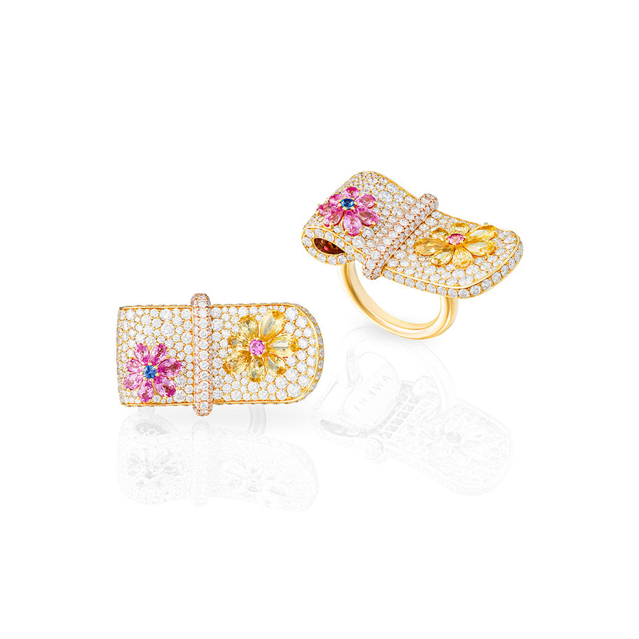 Large Eden Diamond Ring with Pink, Yellow and Blue Sapphire Flower