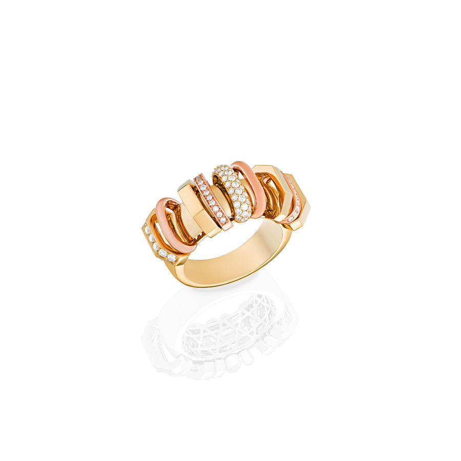 Small Akasha Ring with Gold Band and Half Diamond Links